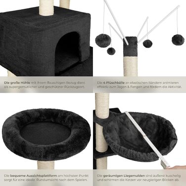 Тектейк® XXL Драбина-кіготь для котів, велика, з аксесуарами: лежанки, гамак, будиночок, іграшки, мотузка з сизалю, ствол для шліфування, кіготь для котів, драбина-кіготь для котів. Висота приблизно 165 см - сірий (Чорний | № 402933)