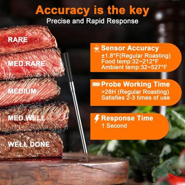 Розумний термометр для м'яса 800FT з тонким зондом 5.5мм, Bluetooth 5.3, для гриля, BBQ, кухні, духовки, коптильні (чорний)