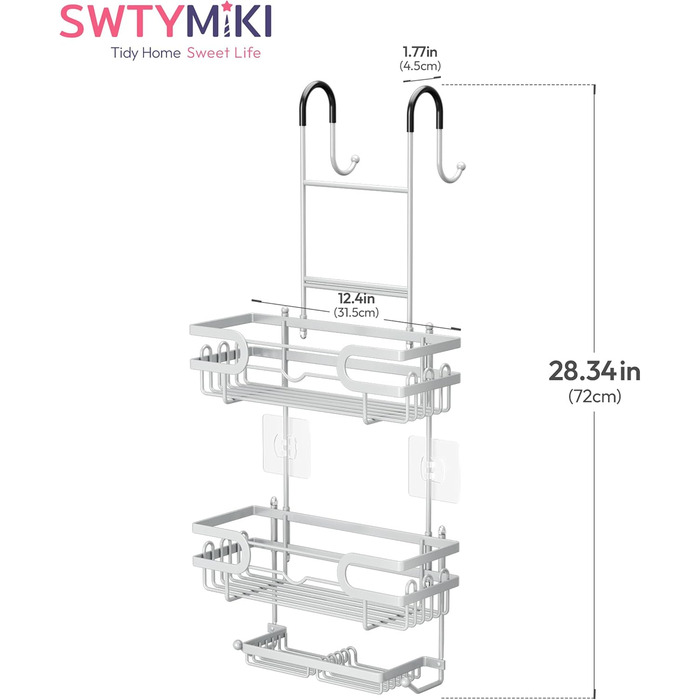 Настінна поличка для душу SWTYMIKI з нержавіючої сталі з 2 кошиками та 2 мильницями, 14 гачків, срібна