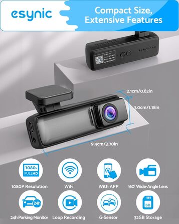 eSynic Міні відеореєстратор (Dashcam) Auto WiFi 1080P Full HD – 160° Широкий кут, Нічне бачення, G-сенсор, Паркувальний режим, Керування через App, WiFi, 32GB SD-карта в комплекті
