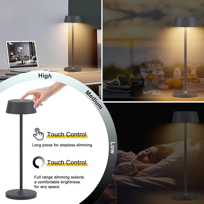 Акумуляторна LED настільна лампа Klighten з димером, сенсорна, металева, сріблясто-антрацитова (3000K) для спальні, ресторану