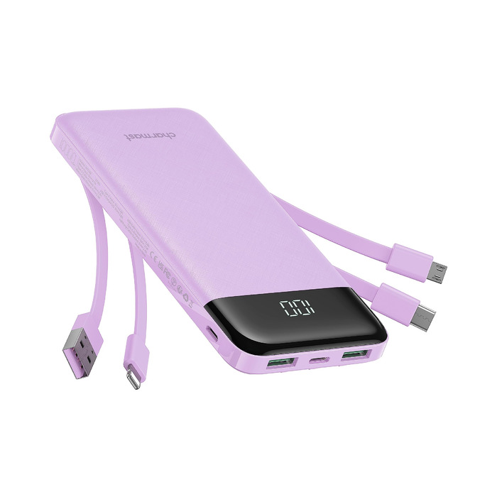 Charmast Power Bank 10000mAh з 4 кабелями (USB-C, Lightning, Micro USB) – портативний акумулятор для iPhone, Samsung, iPad, AirPods (Фіолетовий)
