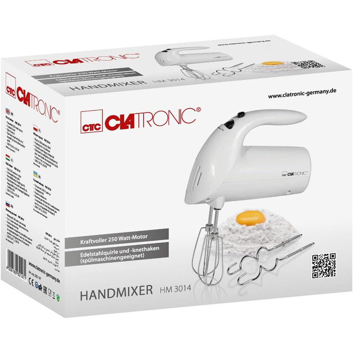 Міксер Clatronic HM 3775 потужністю 400 Вт: 5 швидкостей, турборежим, нержавіючі насадки, білий/сірий