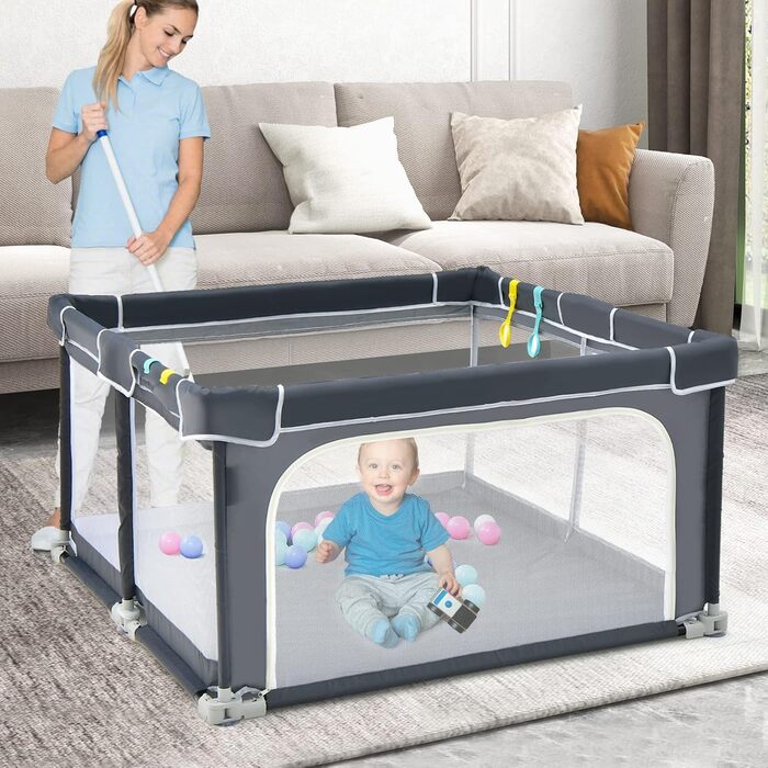 COSTWAY 124 x 124cm Baby Playpen, Foldable, Portable Playard with 50 Balls, 4 Grips, Locking Function, Crawling Gate with Net Walls & Door, Playpen Tent for Infants & Children (Dark Grey)