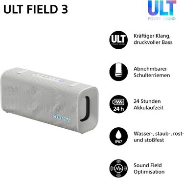 Sony ULT Field 3 – Портативна Bluetooth колонка з ULT Power Sound, IP67 (водонепроникна, пилозахищена), 12 год автономії, білий