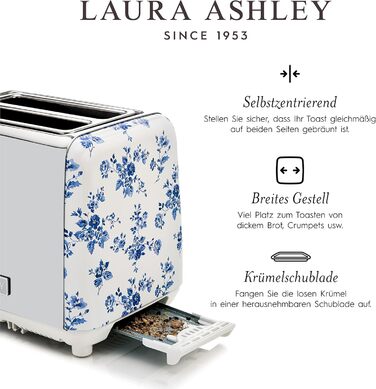 Тостер VQ Laura Ashley з 4-ма тостами, регулюванням нагріву, функцією розморожування та підігріву - модель Vintage з підставою для круасанів, нержавіюча сталь, колір 