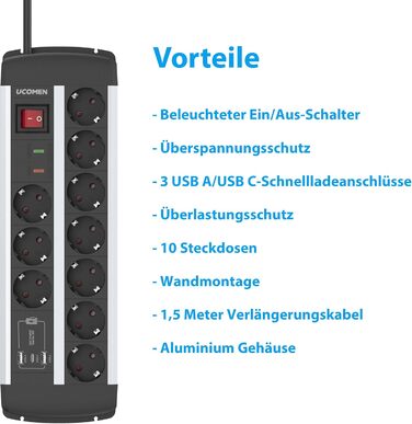 Мережевий фільтр на 10 розеток з USB-C PD 20W, захистом від перенапруги, вимикачем та можливістю настінного монтажу, кабель 1.5м, 16А, сертифікація TÜV/GS