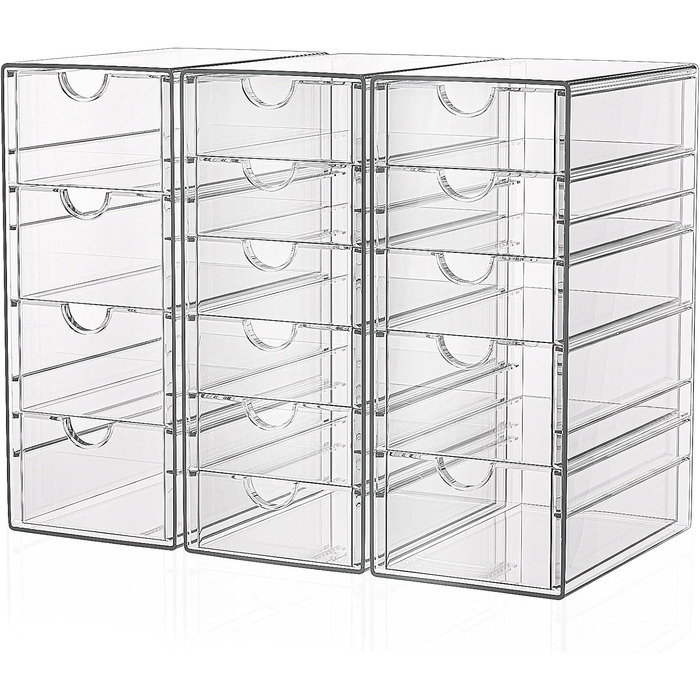 GoMaihe 3-Piece Drawer Boxes Desk: Acrylic Transparent Vanity Organizer | Make up Organizer with 15 Drawers | Desk Organizer for Home Office School