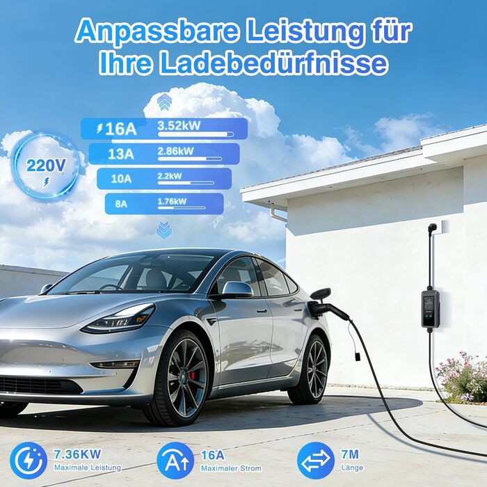 Зарядний кабель Type 2 Schuko 3.68kW 6-16A для електромобіля та PHEV, 7м, LCD дисплей, IP65