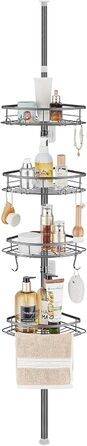 DUFU Shower Shelf Telescopic No Drilling with 4 Shower Basket Corner, Non-Slip, Stable Bathroom Shelf Made of Metal, Height Adjustable 85-325cm, Telescopic Shelf Bath Grey