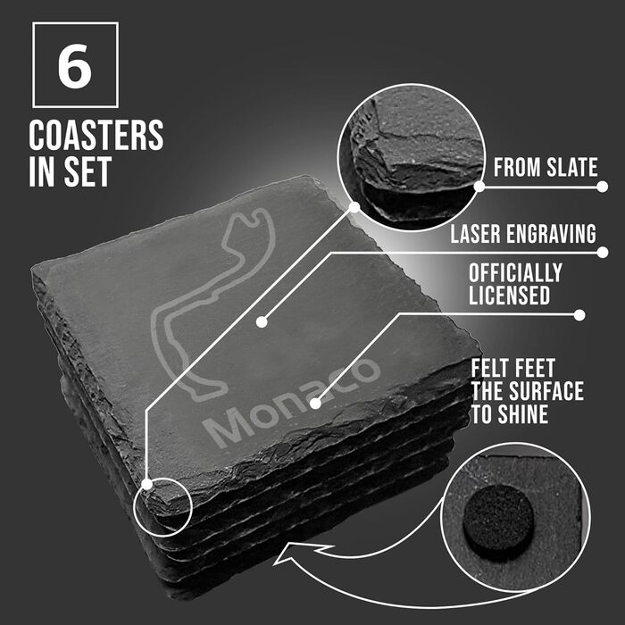 Nürburgring Coasters for Drinks, 6-Piece Set of Slate Coasters, for Home and Dining Room, Decoration, Racing Fans (Monaco)