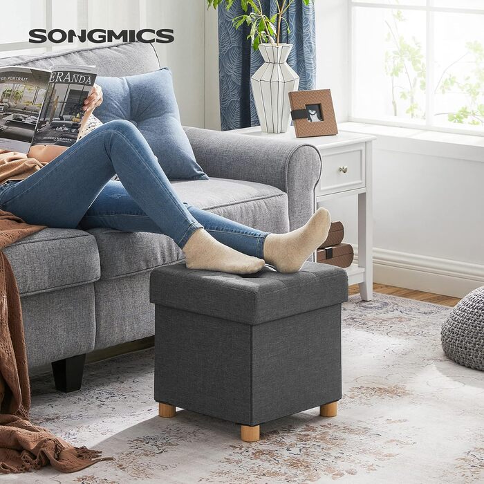 Складаний пуф SONGMICS зі сховищем, 38x38x40 см, до 300 кг, шкіряний, шифр-графіт, для вітальні, спальні