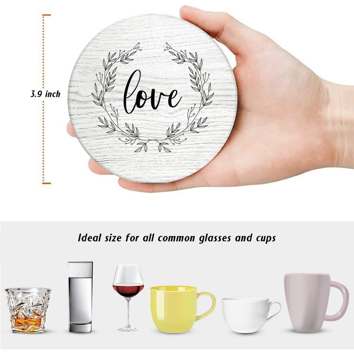 Britimes Drink Coasters, Set of 6, White Marble, Inspiring Love, Absorbent, Round, Ceramic Stone Mat, with Cork Base and Metal Holder, Gift for Housewarming, Bar, Decor (Retro 5)
