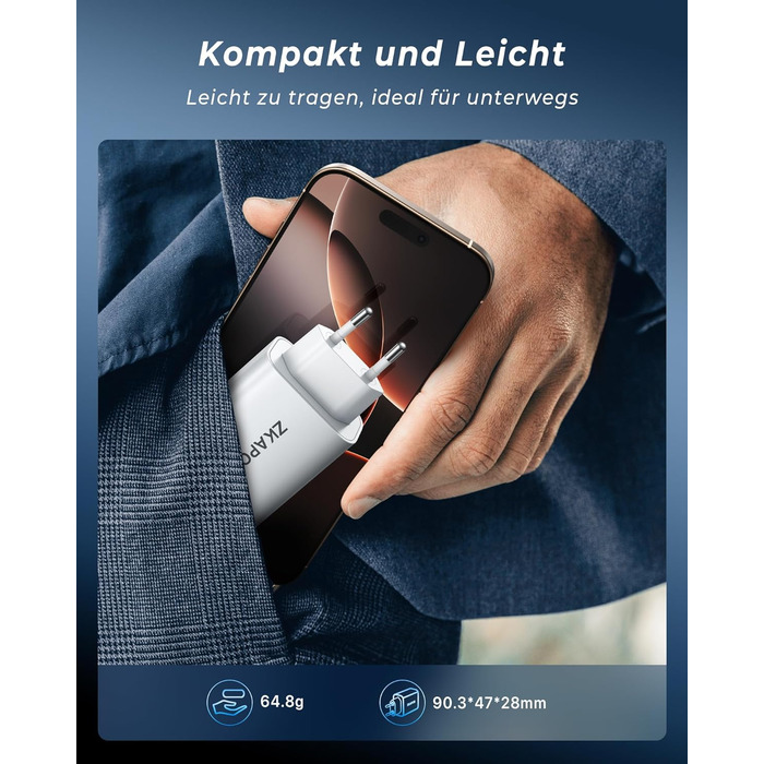 Мережевий адаптер ZKAPOR 40W з 4 USB-портами: швидка зарядка PD+QC для iPhone 16/15/14, Samsung Galaxy, Huawei, iPad