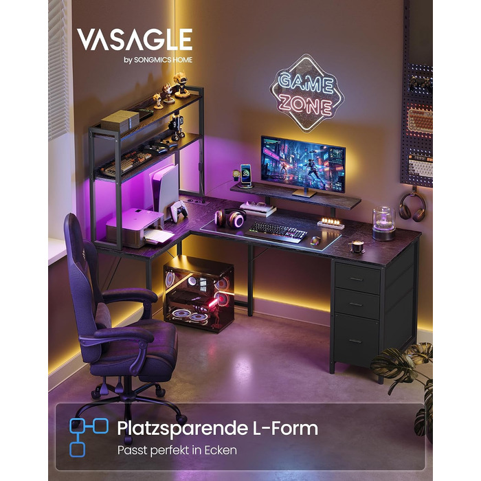 Ігровий стіл VASAGLE L-подібний з LED-підсвіткою та розетками, 160x100x150 см, чорний