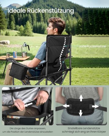 Кемпінговий стілець SONGMICS зі склянкою, для риболовлі, з м'якою спинкою, до 205 кг, чорний