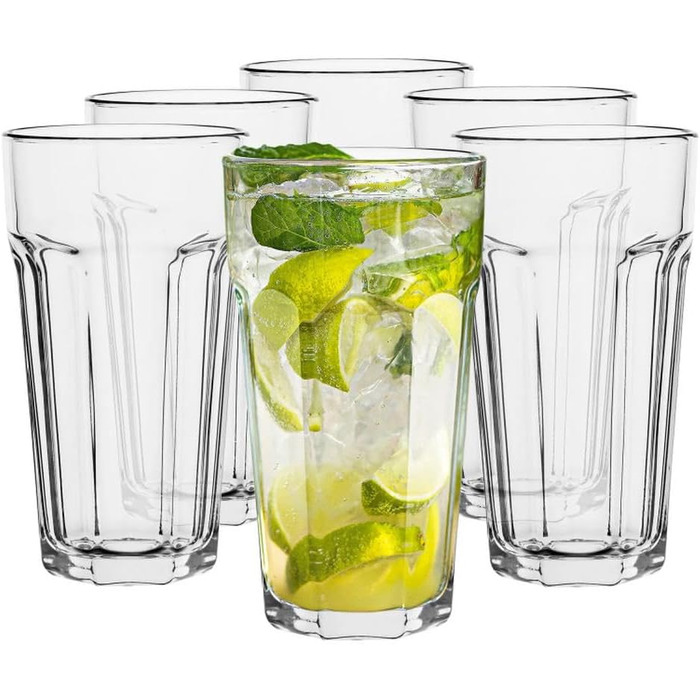 Cocktail Glasses Large Drinking Glasses Caipirinha Glasses | 630 ml | Set of 6 | Cocktail Highball Water Glass Set XXL Tumblers Retro Design | Dishwasher Safe | Collection Alva | Transparent