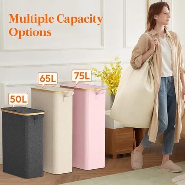 Кошик для білизни Lifewit 65L з кришкою, складаний вузький білизняний контейнер із бамбука з ручкою та мішком для прання, бежевий, для квартири, гуртожитку і кемпера