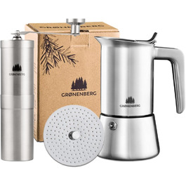 Espresso Maker | High-Quality Espresso Maker Suitable for Induction Made from High-Quality Stainless Steel | Moka Pot for Coffee Lovers (4 Cups + Coffee Grinder)