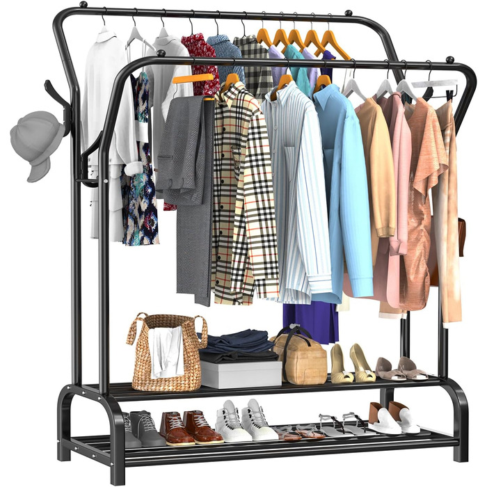 LOEFME Clothes Rack, 110 * 35 * 146cm Clothes Rack Stable Freestanding Clothes Rail, Double Rod Multifunctional Bedroom Clothes Rack, Minimalism Clothes Rod Black