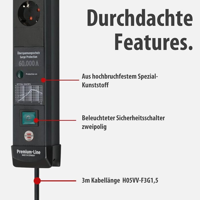 Бренненштуль Преміум-Лінія Мережевий фільтр 6 розеток з захистом від перенапруги до 60000A (з вимикачем та 3м кабелем, для кріплення на стіну, Made in Germany) чорний, розсіювач струму 60000 A