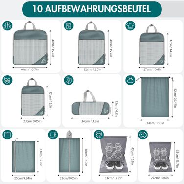 Органайзер для валізи, 9 шт. Комплект компресійних пакувальних кубів з чохлом для взуття, водонепроникні та дихаючі, сірі