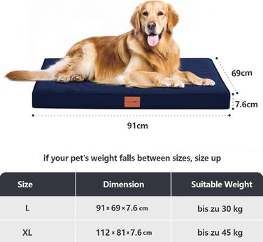 Orthopedic Dog Bed, Dog Sofa with Egg Crate Foam for Large Dogs, 112 x 81 cm, Removable and Washable, Non-Slip Bottom, (L 91 x W 69 x H 8 cm, Navy Blue)