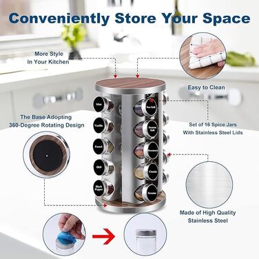 Spice Rack with 20 Spice Jars, 360° Rotatable, Stainless Steel Spice Carousel (430) with Sieve Lids, Standing Spice Rack - Includes Labels, Pen & Funnel - Wood-Look, Food-Safe, Dustproof