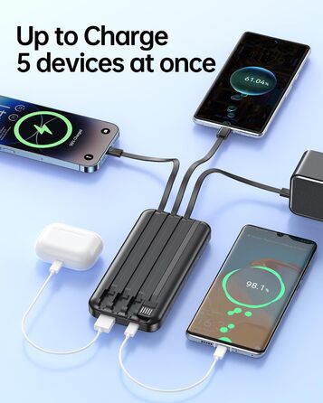 Power Bank 15000mAh з 4 кабелями, портативний зарядний пристрій 22.5W PD20W USB-C для iPhone, Samsung, Huawei та інших пристроїв. LED-індикатор.