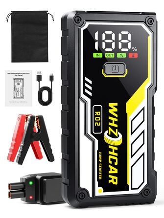 Powerbank для автомобіля 8000A 12V – Пусковий пристрій, бустер для акумулятора, зарядний пристрій для бензинових та дизельних авто (до 10л) з LCD дисплеєм, LED ліхтарем та кабелями для підключення (чорний)