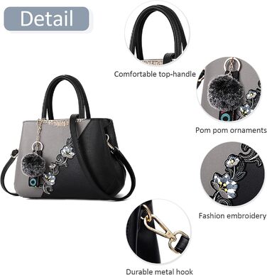 Сумка жіноча DIRRONA велика – сумка через плече та шопер з квітковою вишивкою та помпонами, ідеальна для роботи, відпочинку, подорожей, офісу, вечірок та весіль, колір сірий