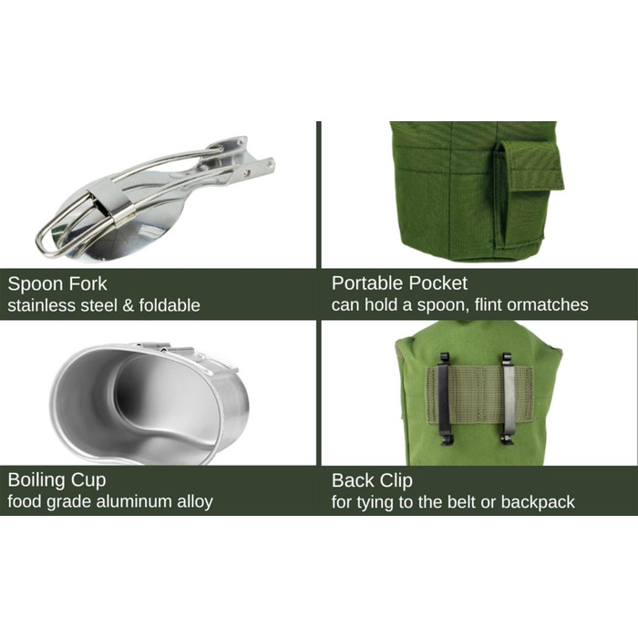 Military Mess Kit, Aluminum Cup Set with Lid and Folding Stainless Steel Spoon/Fork for Hiking Camping, 1 Quart Green
