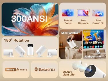Портативний проєктор LYNCAST з Wi-Fi, Bluetooth та Android 11, 1080P/4K, поворотний на 180°, для дому та на відкритому повітрі (OptiBarrel 005 White)