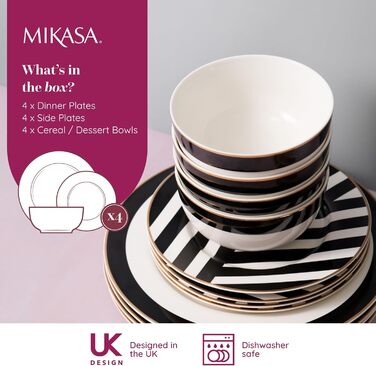 Набір посуду Mikasa Luxe Deco (12 предметів) для 4 осіб: тарілки, супові тарілки, миски, зелений колір, подарункова коробка, придатний для миття в посудомийній машині