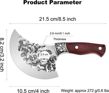 Японський ніж Doklasu для обробки м'яса, ручної роботи, Full Tang, сталь 5Cr15MoV, з червоним дерев'яним руків'ям та піхвою (10 см, стиль Ulu)