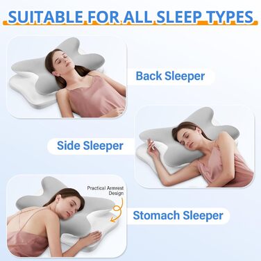 Подушка для шиї Ehomfory з Memory Foam, ергономічна для сну на боці, спині та животі, 67x37x9/12 см (Срібляста)