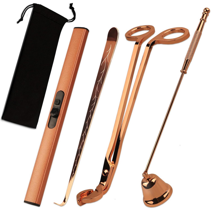 KOAKOMI Candle Accessory Set, Wick Trimmer, Candle Snuffer, and Wick Dipper for Candles, Aromatherapy Lovers, Gift, Stainless Steel Candle Care Set (Rose Gold, 4 Pieces with Lighter)