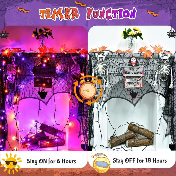 Гірлянда декоративна Halloween на 6 метрів, 60 LED, оранжево-фіолетова, USB/батарейки, таймер, вологостійка, для дому та саду