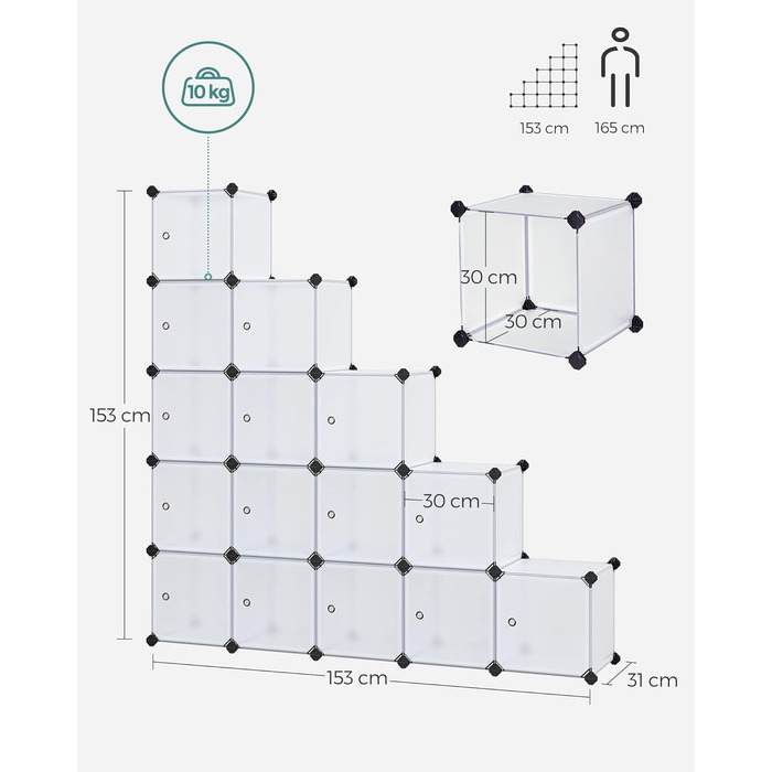 SONGMICS Regal System, Shoe Rack, Set of 16 Cubes, Plastic Closet Organizer with Doors, Stackable Shelf, Storage for Clothes, Shoes, and Books, Easy Assembly, White LPC44BS