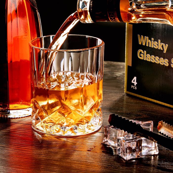 Набір склянок для віскі GLASKEY 4 шт., 320 мл, без свинцю, кришталь, для коктейлів, рому, горілки, скотчу, джину, коньяку, води, віскі, важке дно, подарунковий набір для чоловіків, батька, брата