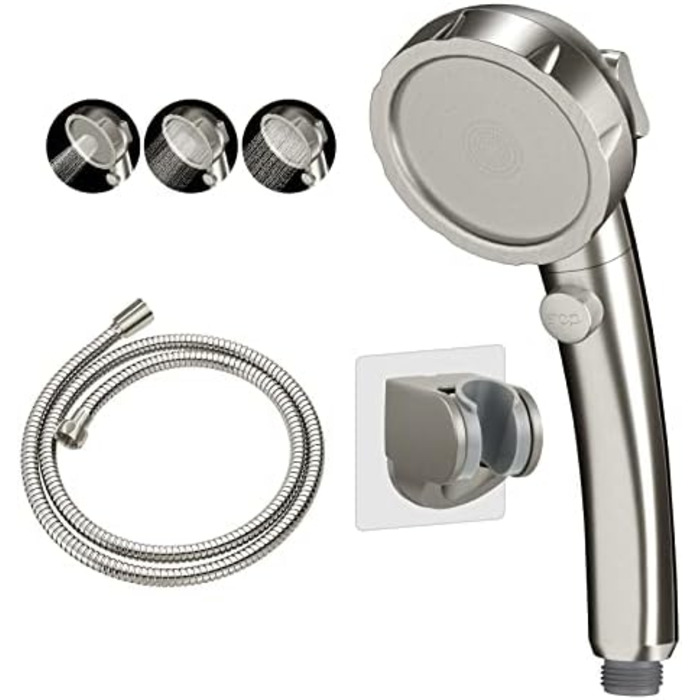 KAIYING Drill-Free High-Pressure Handheld Showerhead with ON/OFF Pause Switch, 3 Spray Modes, Water-Saving Showerhead, Detachable Puppy Shower Accessory (M: Showerhead + Holder + Hose) (Brushed Nickel)