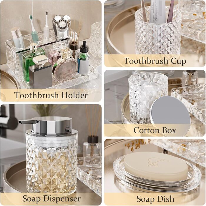 Набір аксесуарів для ванної кімнати зі скла, 5 предметів: мильниця, стакан, органайзер, тримач для зубних щіток, флакон для мила. Прозорий декор для раковини.