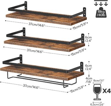 HOOBRO Wall Mounted Wine Racks 3-Piece Set, Wine Racks, Hanging Floating Wall Shelves, Wine Glass & Bottle Holders, Stemware Holders, for Living Room, Dining Room, Kitchen, Vintage Brown and Black EBF34BJ01