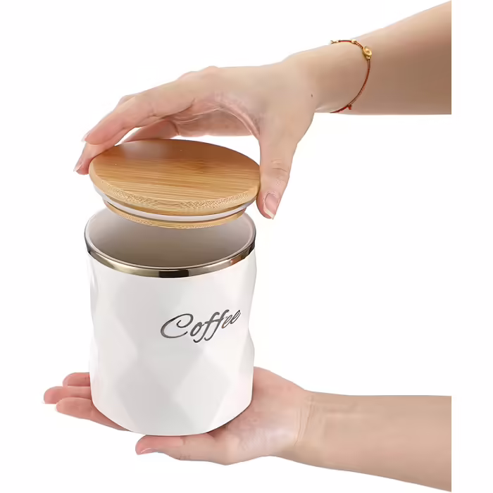 BTSKY White Ceramic Canisters for Sugar, Coffee, Tea, with Lid and Tray, Airtight, Set of 3 Storage Containers, Food Storage Containers, Pots, Jars with Bamboo Lids for Kitchen Counter