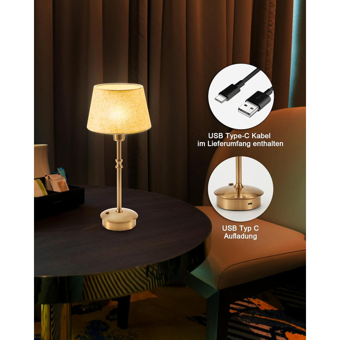 Акумуляторна настільна лампа: портативна, бездротова з регулюванням яскравості, для дому та саду. Тканинний абажур, металевий каркас білого кольору