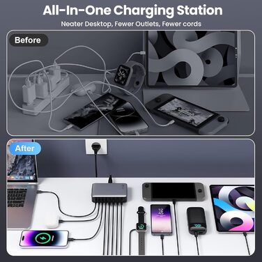 Зарядний пристрій USB-C 620W, 10 портів, швидка зарядка PD PPS 100W, для MacBook Pro/Air, iPad, iPhone 16/15/14/13/12 Pro Max, Samsung (чорний)