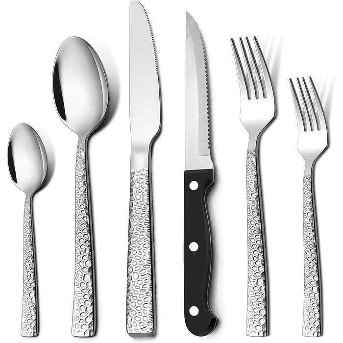 Homikit Cutlery Set, 36-Piece Cutlery Set with Steak Knives, Stainless Steel Polished Eating Cutlery for 6 People with Spoon, Knife, Fork, Hammered Flatware, Rust-Proof & Dishwasher Safe