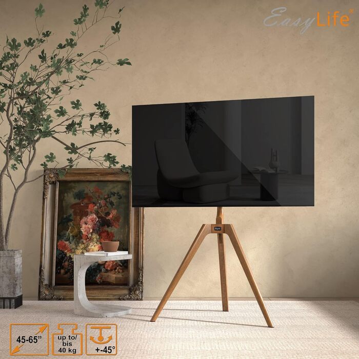 Підставка для телевізора EasyLife з дерева, штангель, трипод, для студії, до 65 дюймів, до 40 кг, поворотна, регульована по висоті, з управлінням кабелів, VESA до 400x400 (Чорний/Бук) (Білий/Волоський горіх)