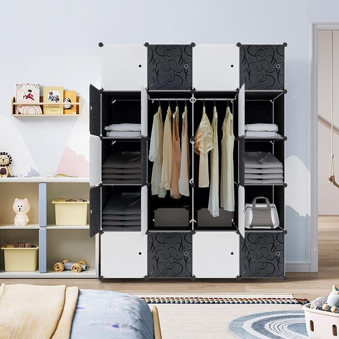 HENGMEI DIY Closet Wardrobe Storage Rack Shelf System 12-Cube Organization System Shoe Rack Closet with Door (Black) (20 Boxes)