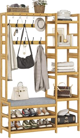 VIAGDO Wardrobe with Shoe Bench, Clothes Rack with 5 Storage Shelves, Wardrobe with Shoe Shelf, 10 Double Hooks, Entryway Wardrobe for Hallway and Bedroom 104x33x175 cm (104 x 33 x 175 cm)